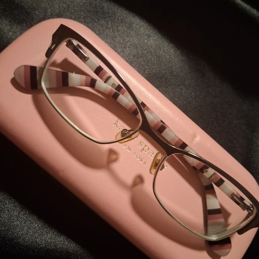 Kate Spade Rectangle Frames Tortise Shell With Pink and Black Striped Frames.